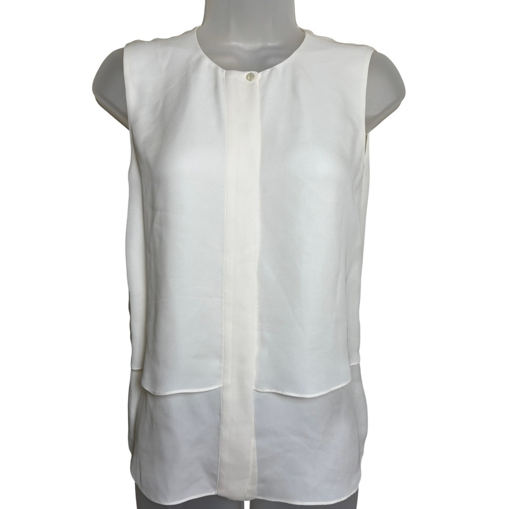 Theory White Silk Double Layered Crewneck Button Sleeveless Top Blouse Womens S